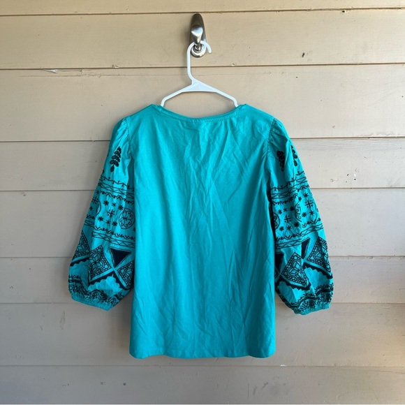Chico's Green Tribal Bubble Sleeve Blouse - Size L Boho Hippie Peasant - Picture 5 of 5